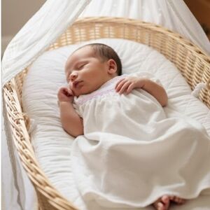 Vintage White Cotton Infant Gown with Pink & Baby Blue Stitching – Newborn Size